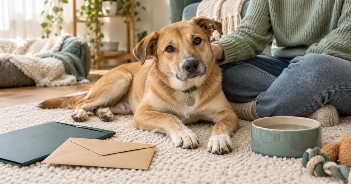 Newly adopted dog resting near its owner and a plain document folder