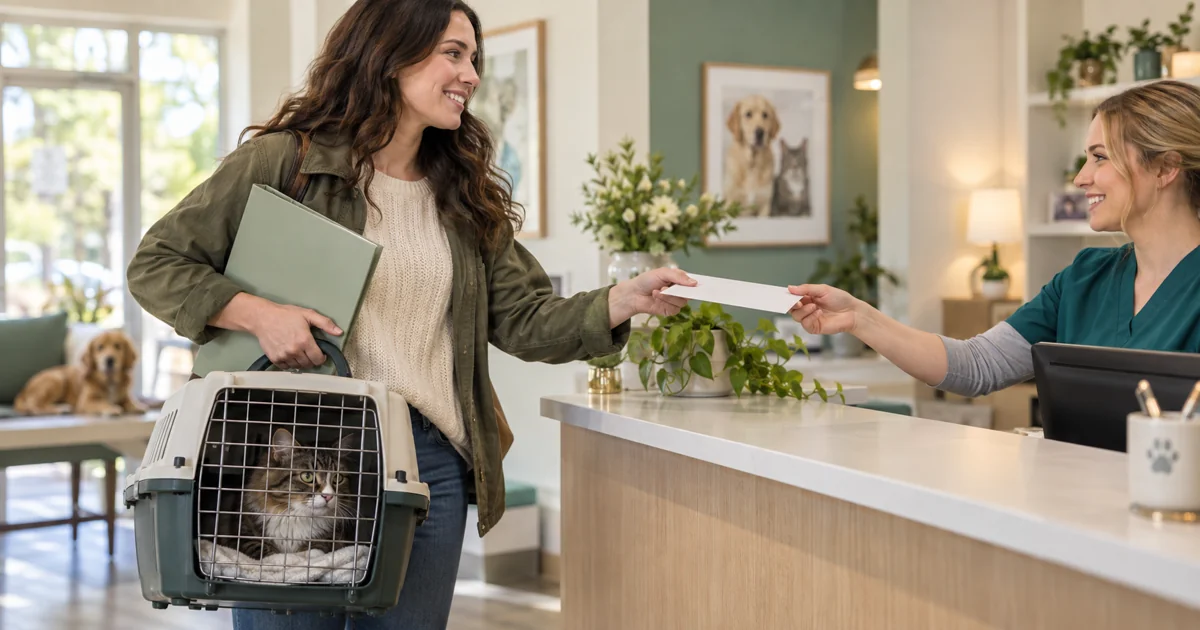 Owner handing a plain envelope to veterinary reception beside a cat carrier
