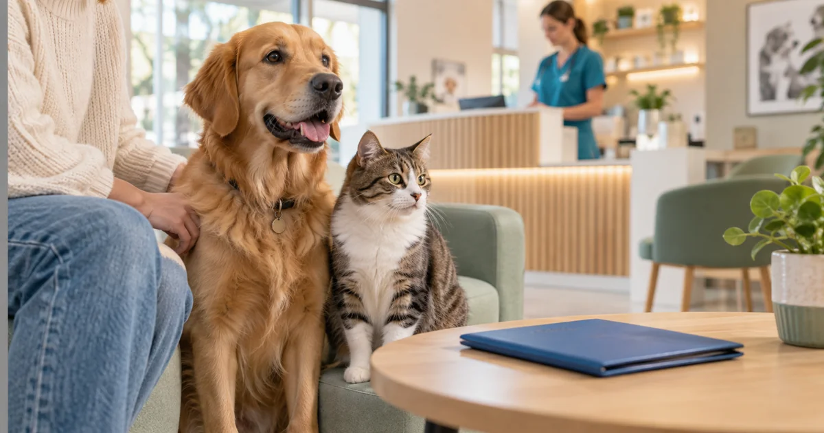 Dog and cat in a bright veterinary reception with a blue folder