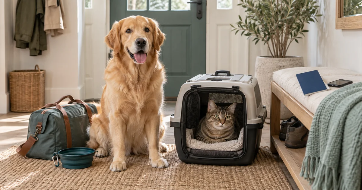 Dog beside a cat carrier and travel documents at a home entrance