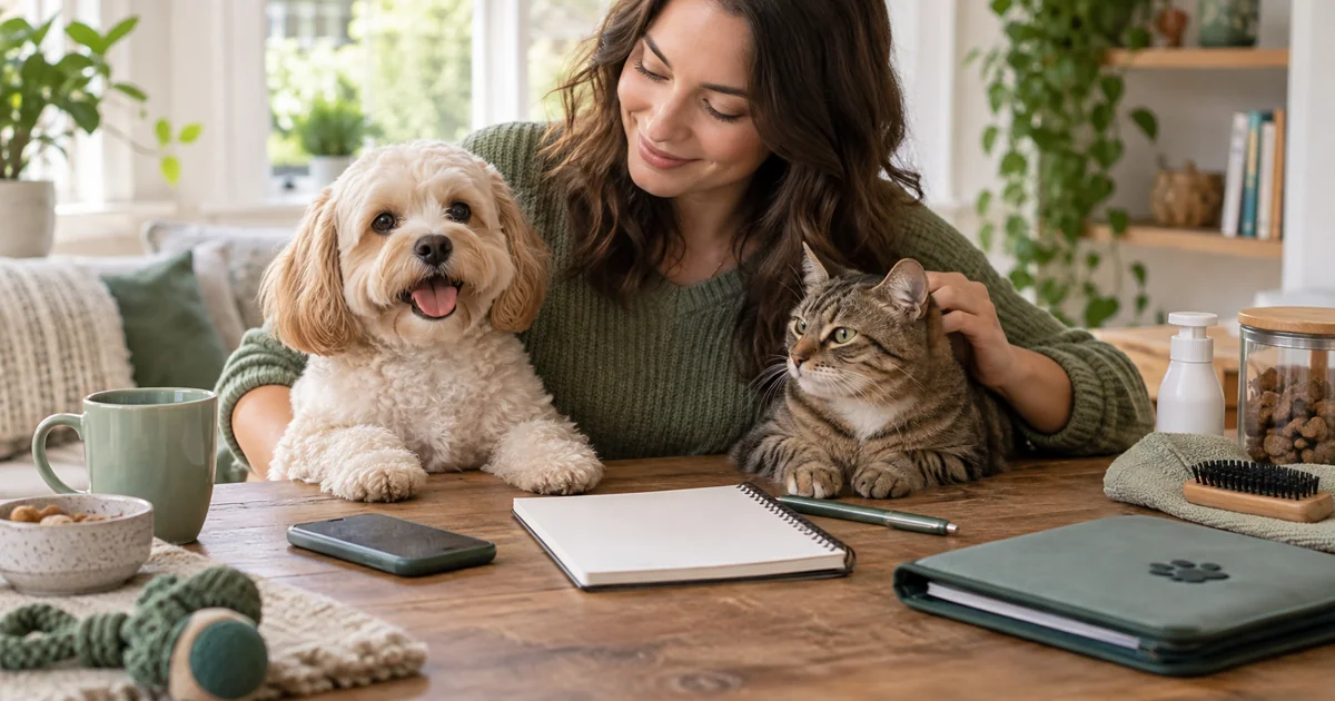 Owner with a dog and cat beside a notebook, phone and folder