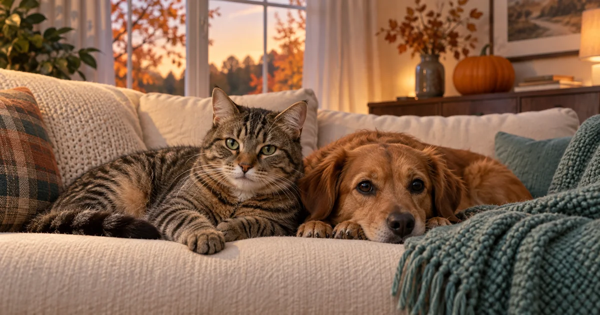 Relaxed cat and dog on a sofa with a pumpkin on a distant sideboard