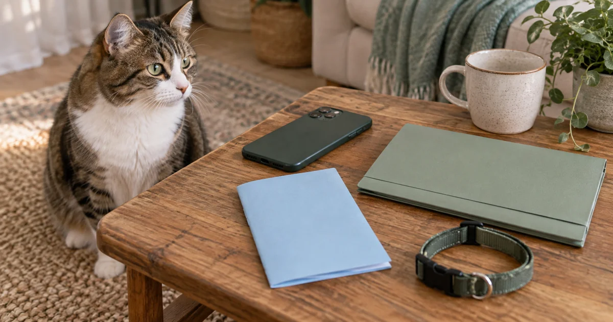 Blank pet booklet, folder, collar and phone on a table with a cat nearby