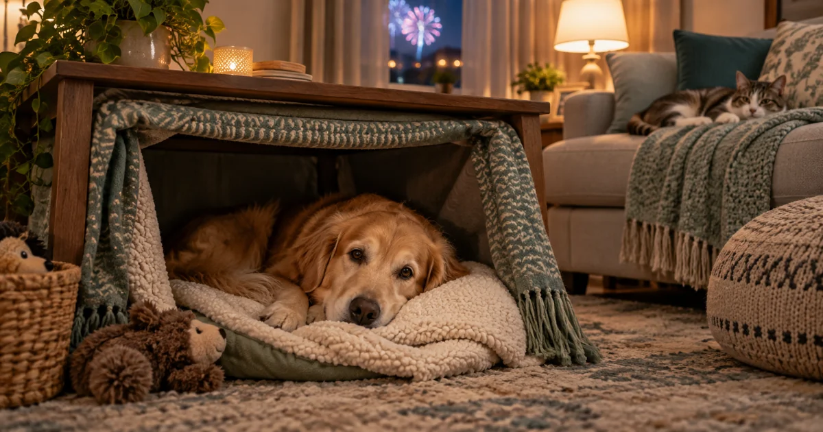 Dog resting in a sheltered indoor bed with a cat nearby