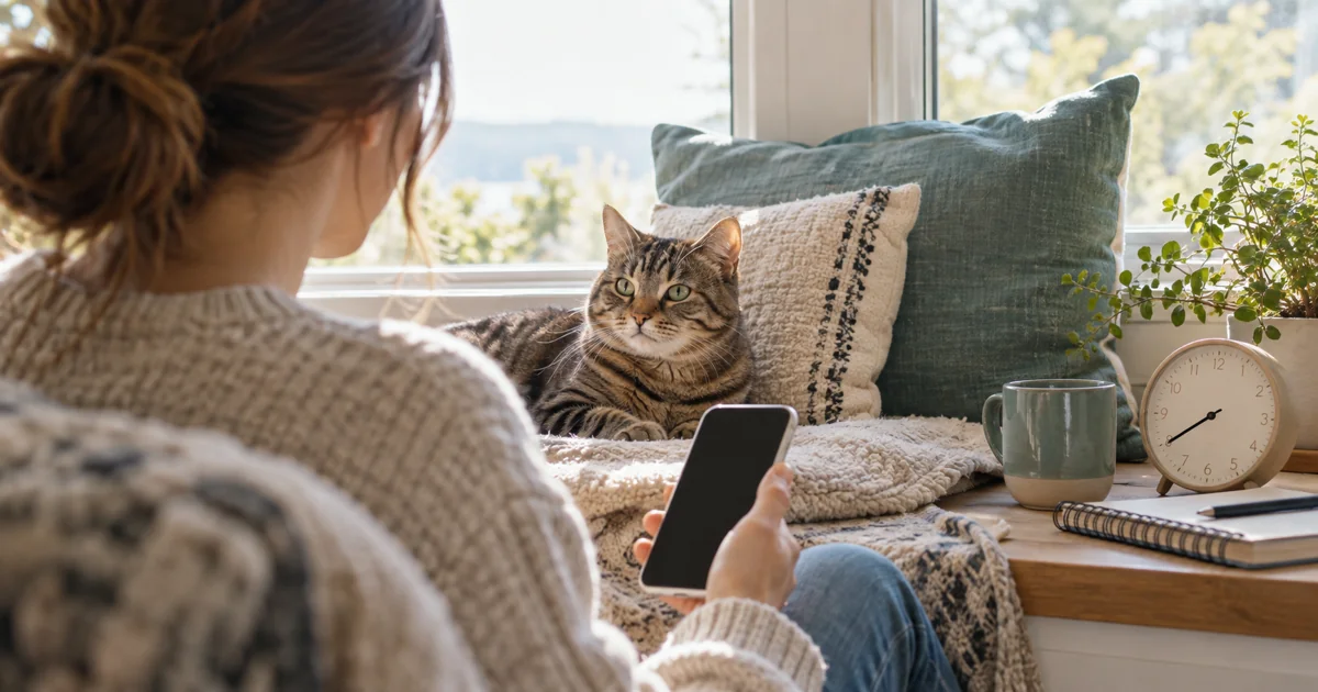 Person holding a phone while a cat rests by a window