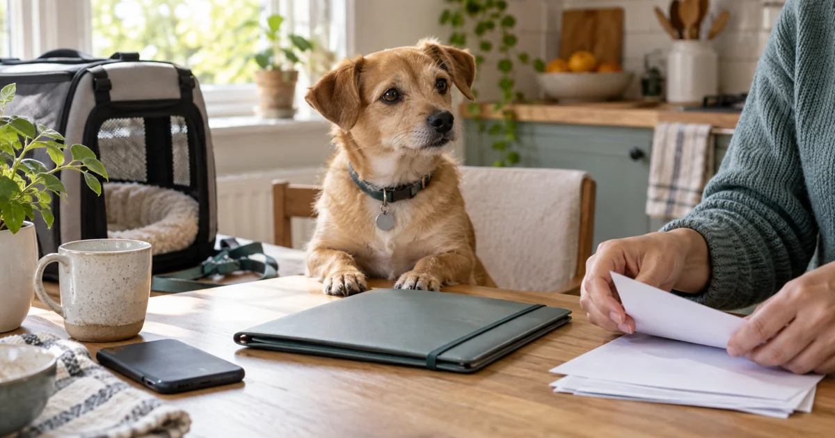 落ち着いた犬の横で飼い主が書類を整理している